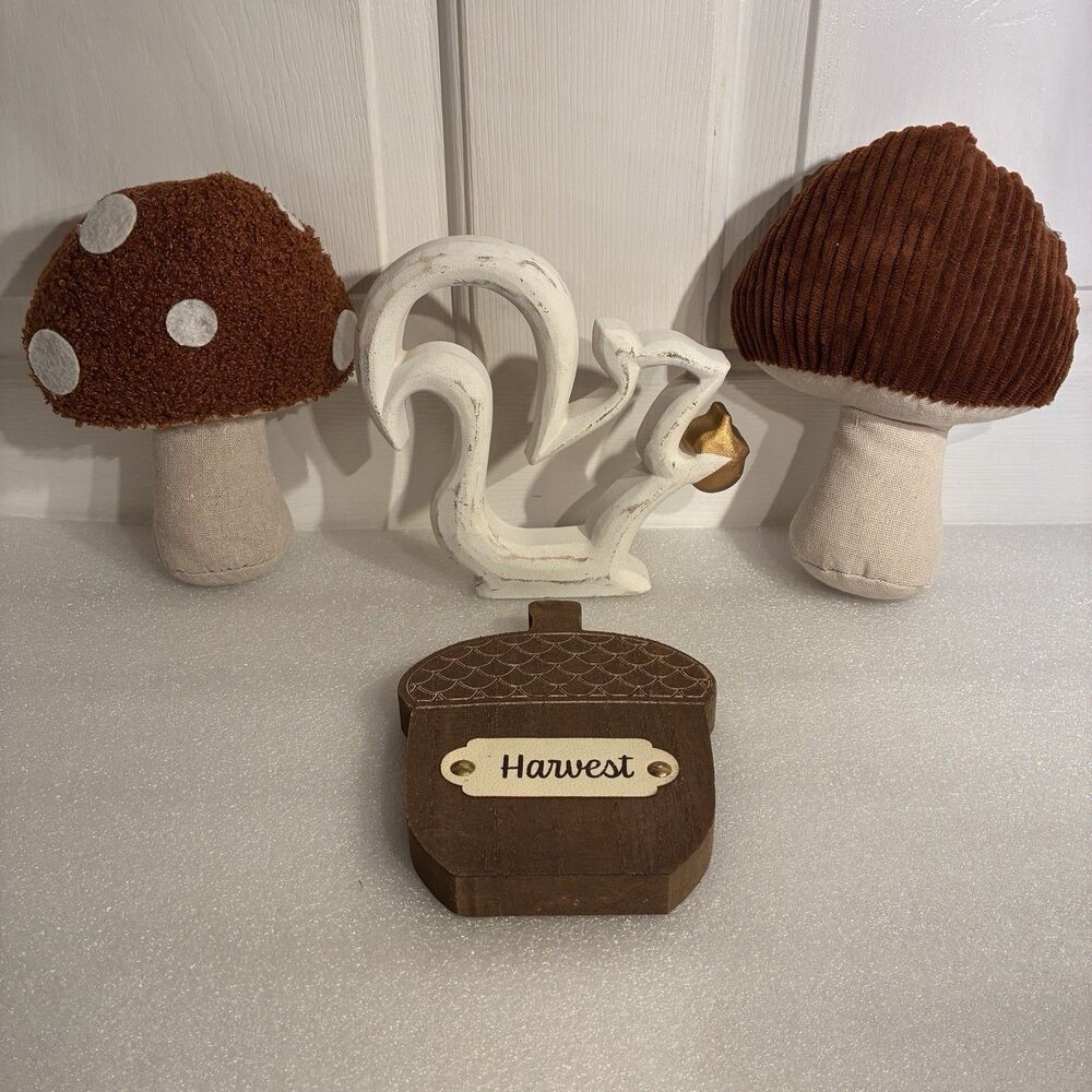 Set Of 4 Fall Brown And White Mushrooms, Wood Squirrel & Acorn W/ HARVEST.